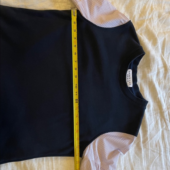 Derek Lam Black Mixed Media Top with Pink Striped Sleeves. - Picture 5 of 8